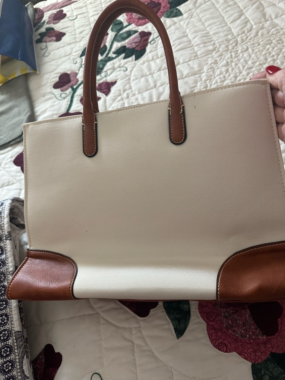 Floral Print Tote Bag with Brown Trim - White - Picture 2 of 6